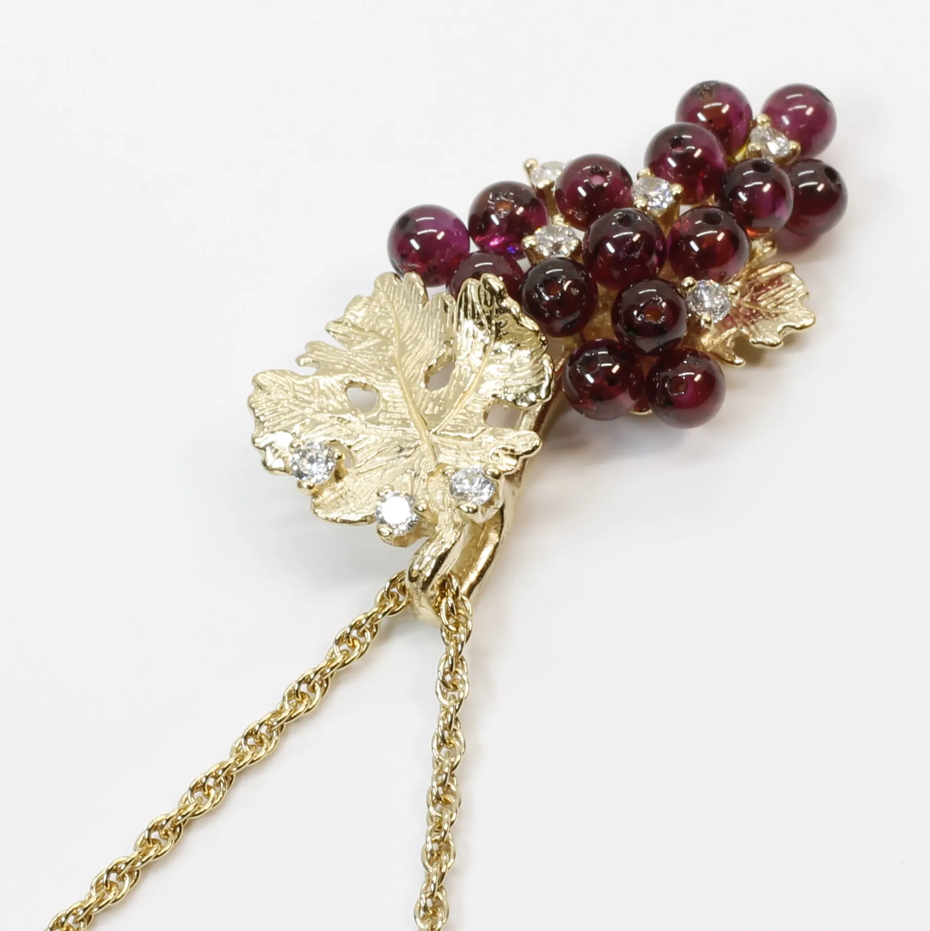 Medium Garnet Grape Necklace with Zirconia Stones and 14kt. Gold Vermeil Grape Leaf