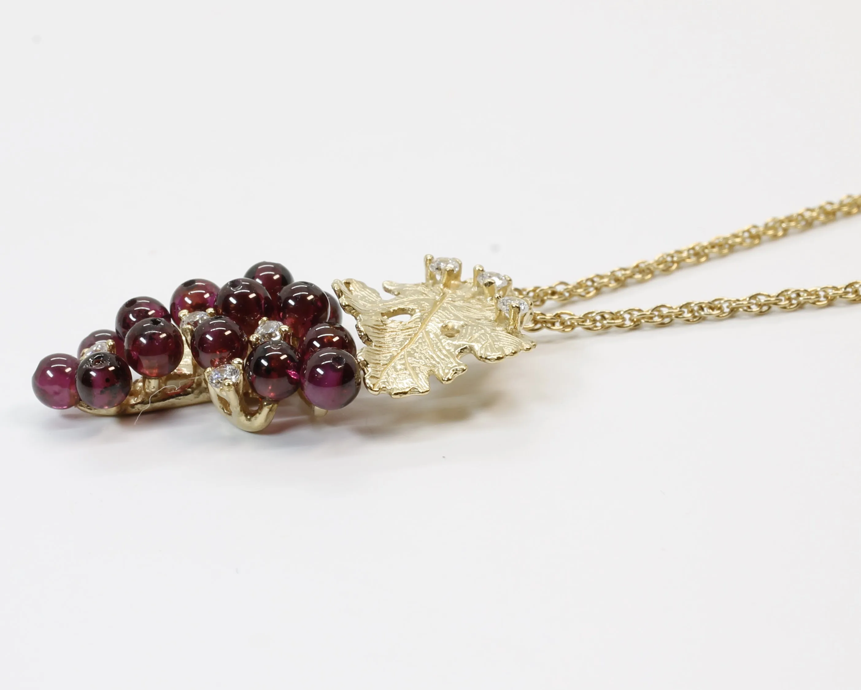 Medium Garnet Grape Necklace with Zirconia Stones and 14kt. Gold Vermeil Grape Leaf