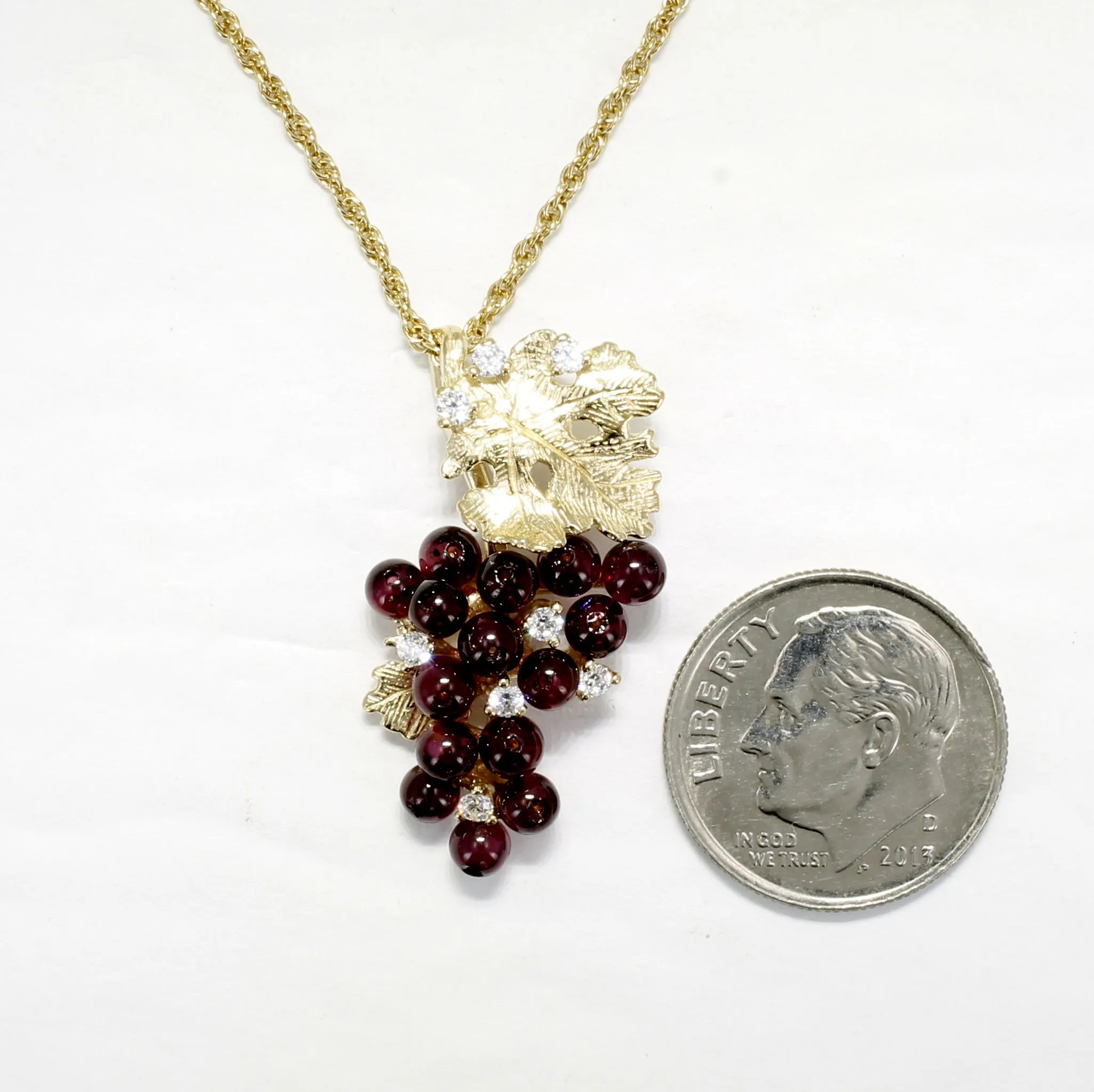Medium Garnet Grape Necklace with Zirconia Stones and 14kt. Gold Vermeil Grape Leaf