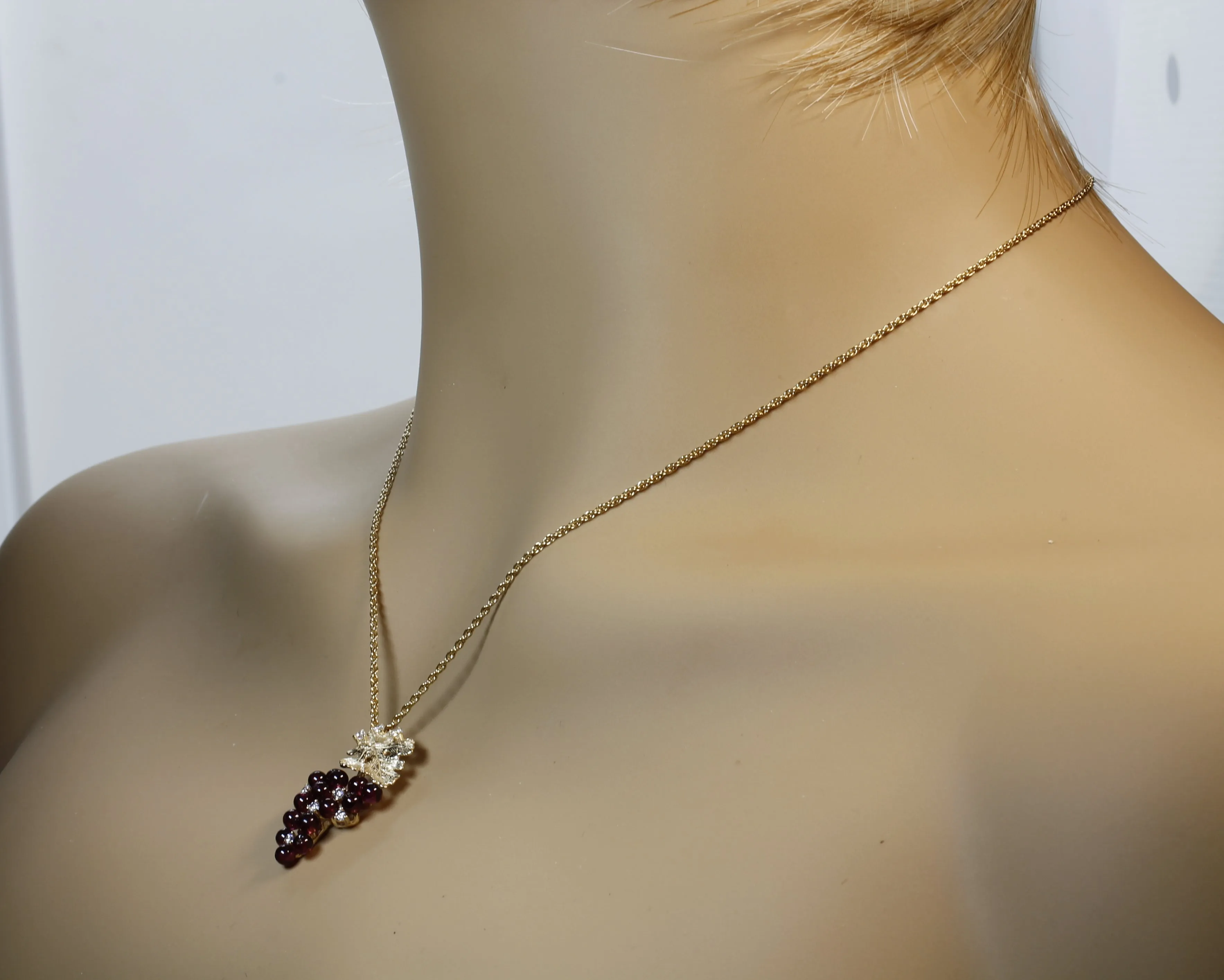 Medium Garnet Grape Necklace with Zirconia Stones and 14kt. Gold Vermeil Grape Leaf