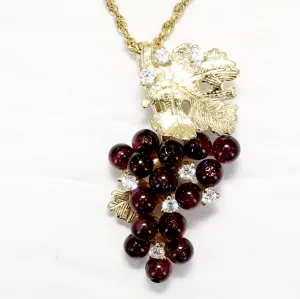Medium Garnet Grape Necklace with Zirconia Stones and 14kt. Gold Vermeil Grape Leaf