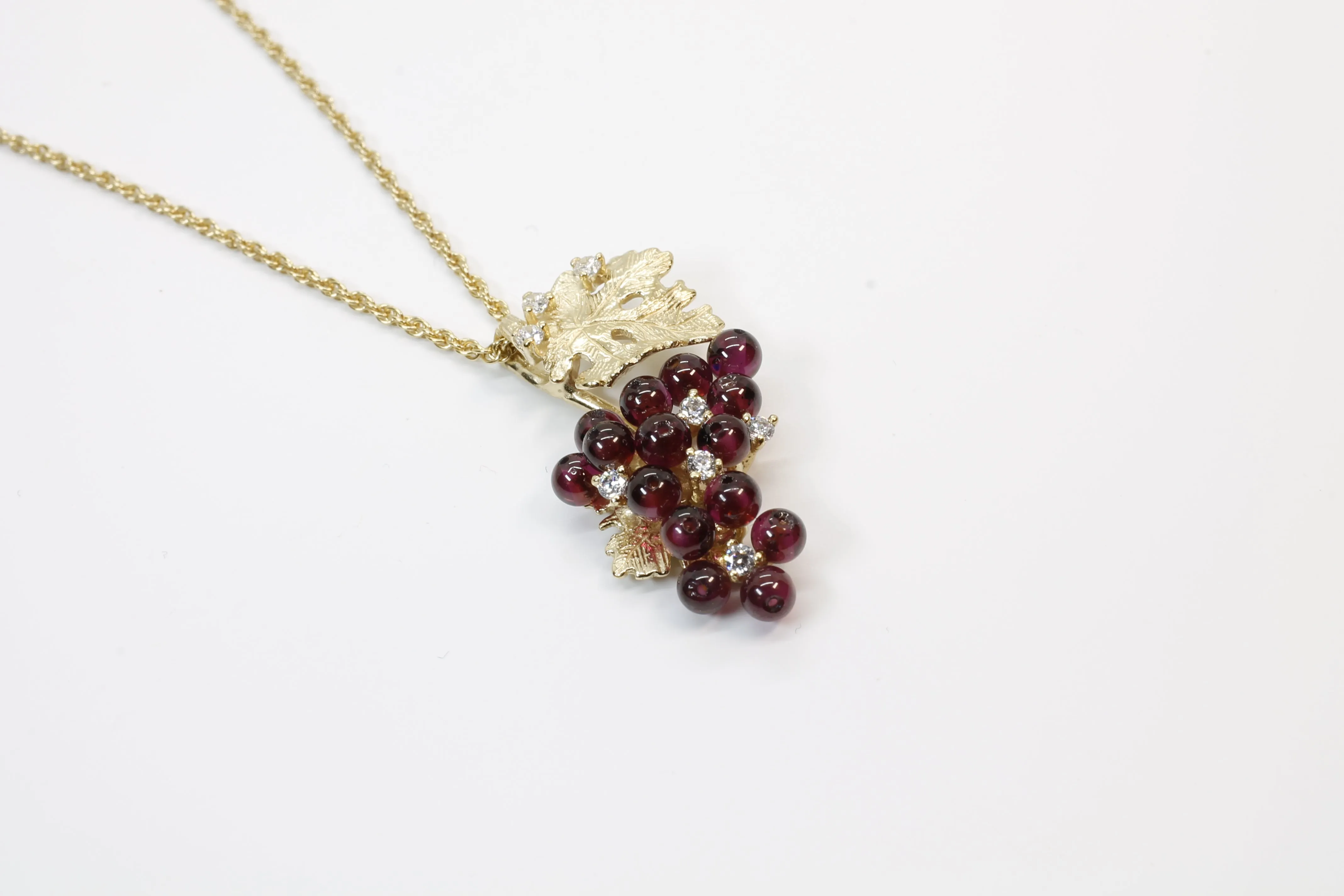 Medium Garnet Grape Necklace with Zirconia Stones and 14kt. Gold Vermeil Grape Leaf