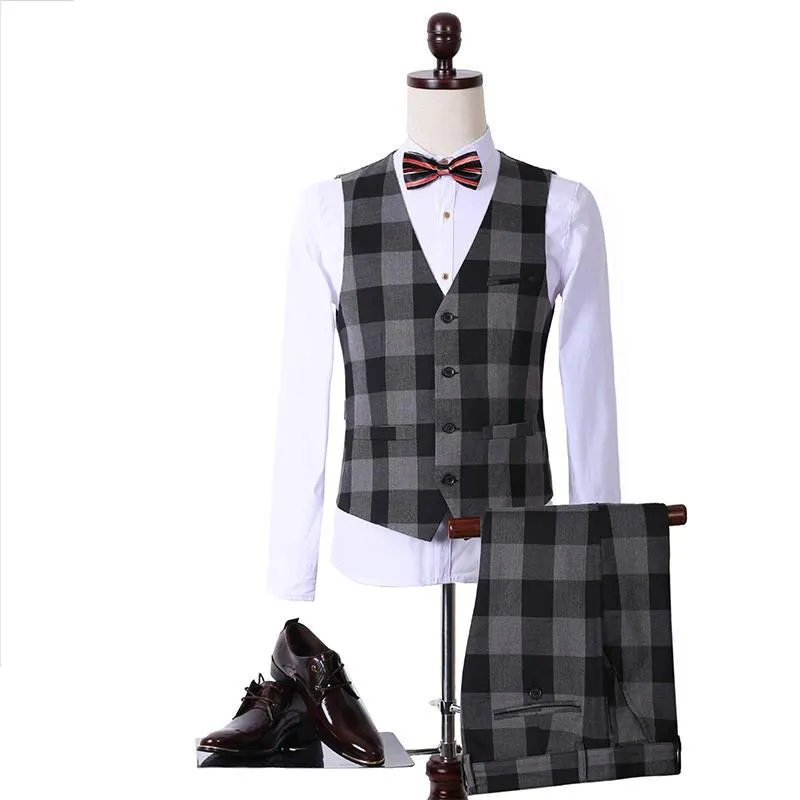 Men's Fashion Black Plaid 3 Piece Suit Up To 3XL