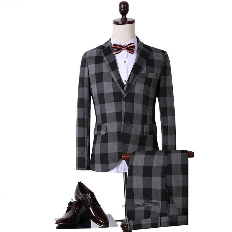 Men's Fashion Black Plaid 3 Piece Suit Up To 3XL