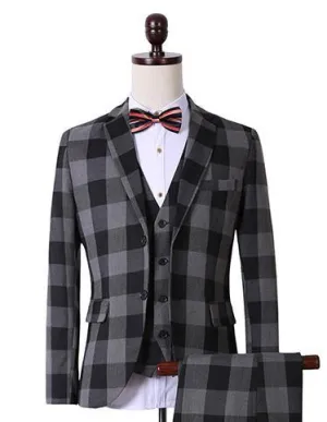 Men's Fashion Black Plaid 3 Piece Suit Up To 3XL