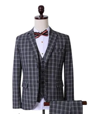 Men's Fashion Dark Grey Plaid 3 Piece Suit Up To 3XL