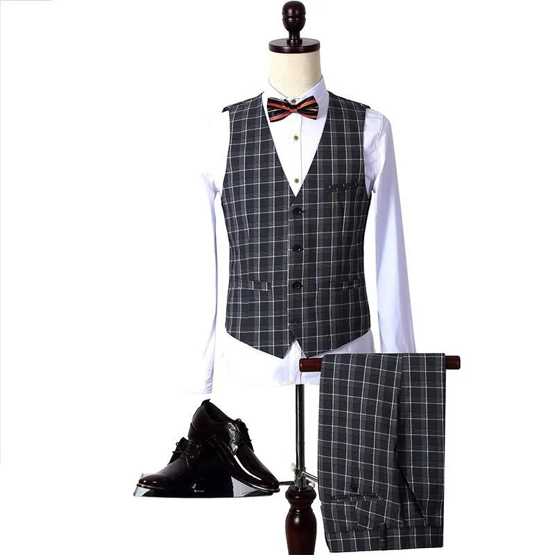 Men's Fashion Dark Grey Plaid 3 Piece Suit Up To 3XL