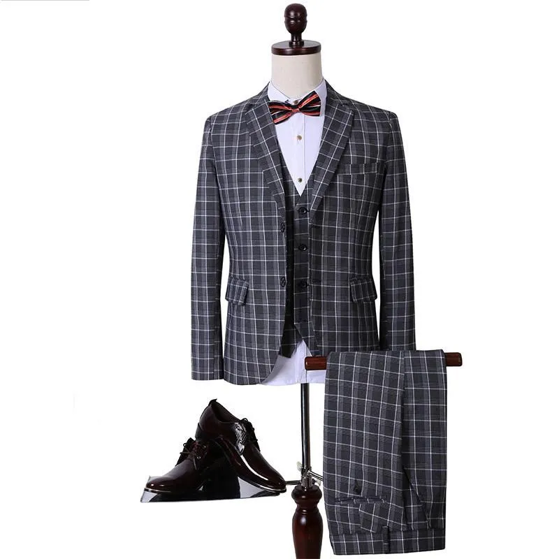 Men's Fashion Dark Grey Plaid 3 Piece Suit Up To 3XL