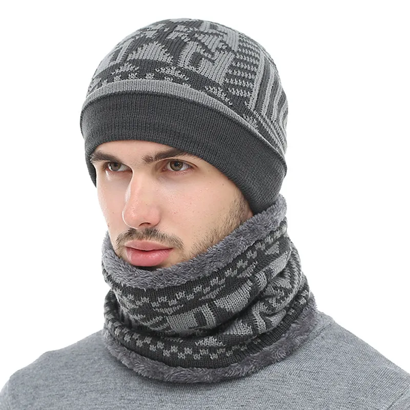 Men's Fashion Winter Knitted Beanie With Collar Scarf - Black,Gray,Navy