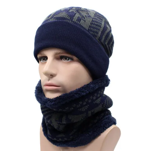 Men's Fashion Winter Knitted Beanie With Collar Scarf - Black,Gray,Navy
