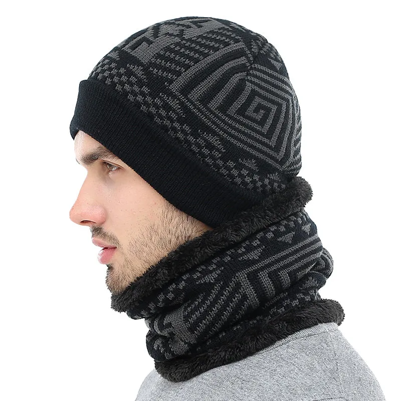 Men's Fashion Winter Knitted Beanie With Collar Scarf - Black,Gray,Navy