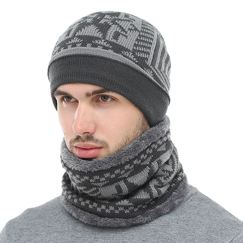 Men's Fashion Winter Knitted Beanie With Collar Scarf - Black,Gray,Navy