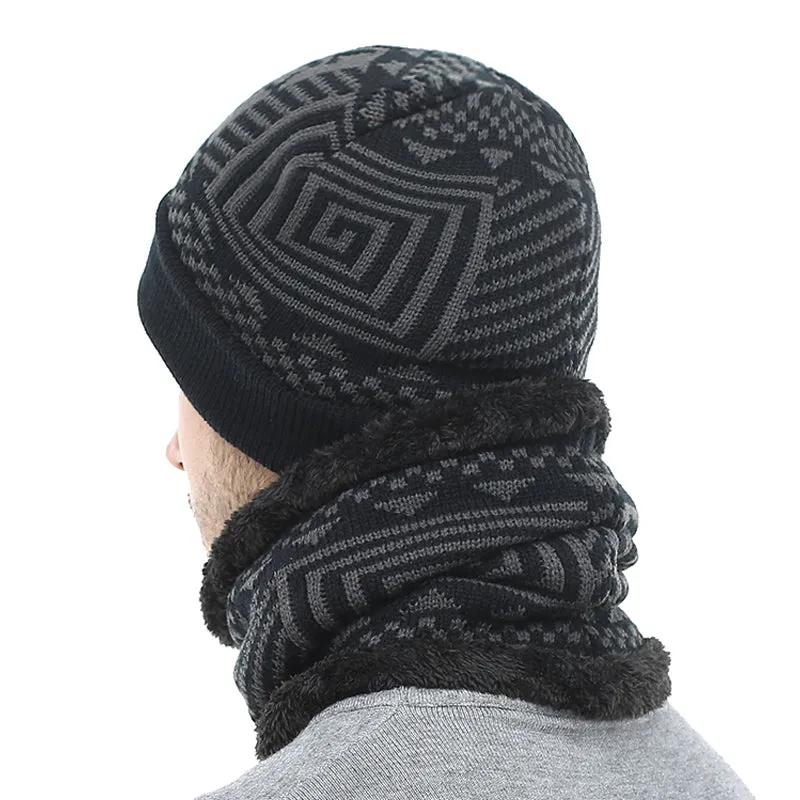 Men's Fashion Winter Knitted Beanie With Collar Scarf - Black,Gray,Navy