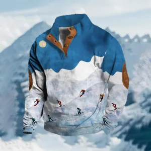 Men's Vintage Apres-Ski Design Printed Stand Collar Button-Up Sweatshirt
