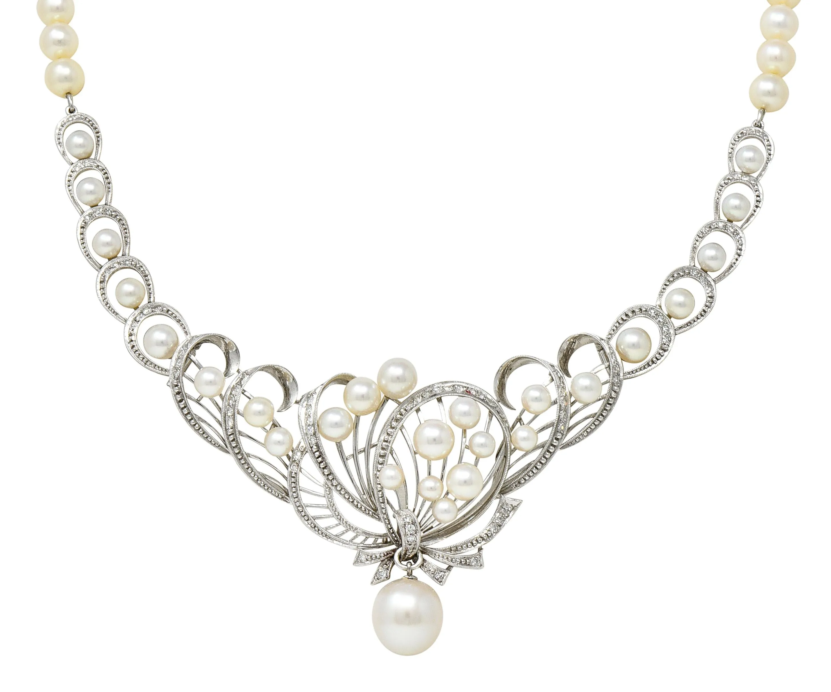 Mikimoto 1950's Diamond Pearl 14 Karat White Gold Fanning Ribbon Vintage Station Necklace