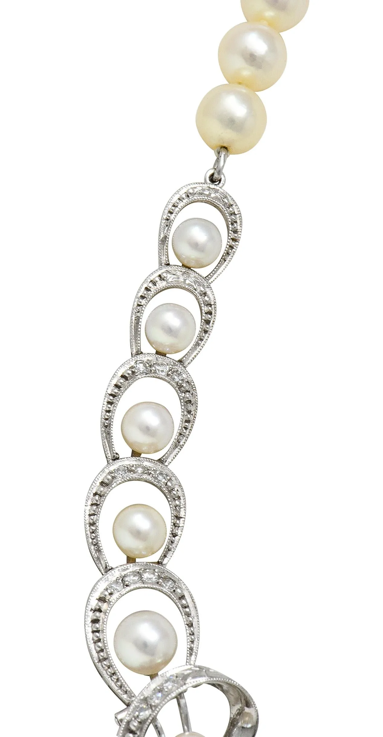 Mikimoto 1950's Diamond Pearl 14 Karat White Gold Fanning Ribbon Vintage Station Necklace
