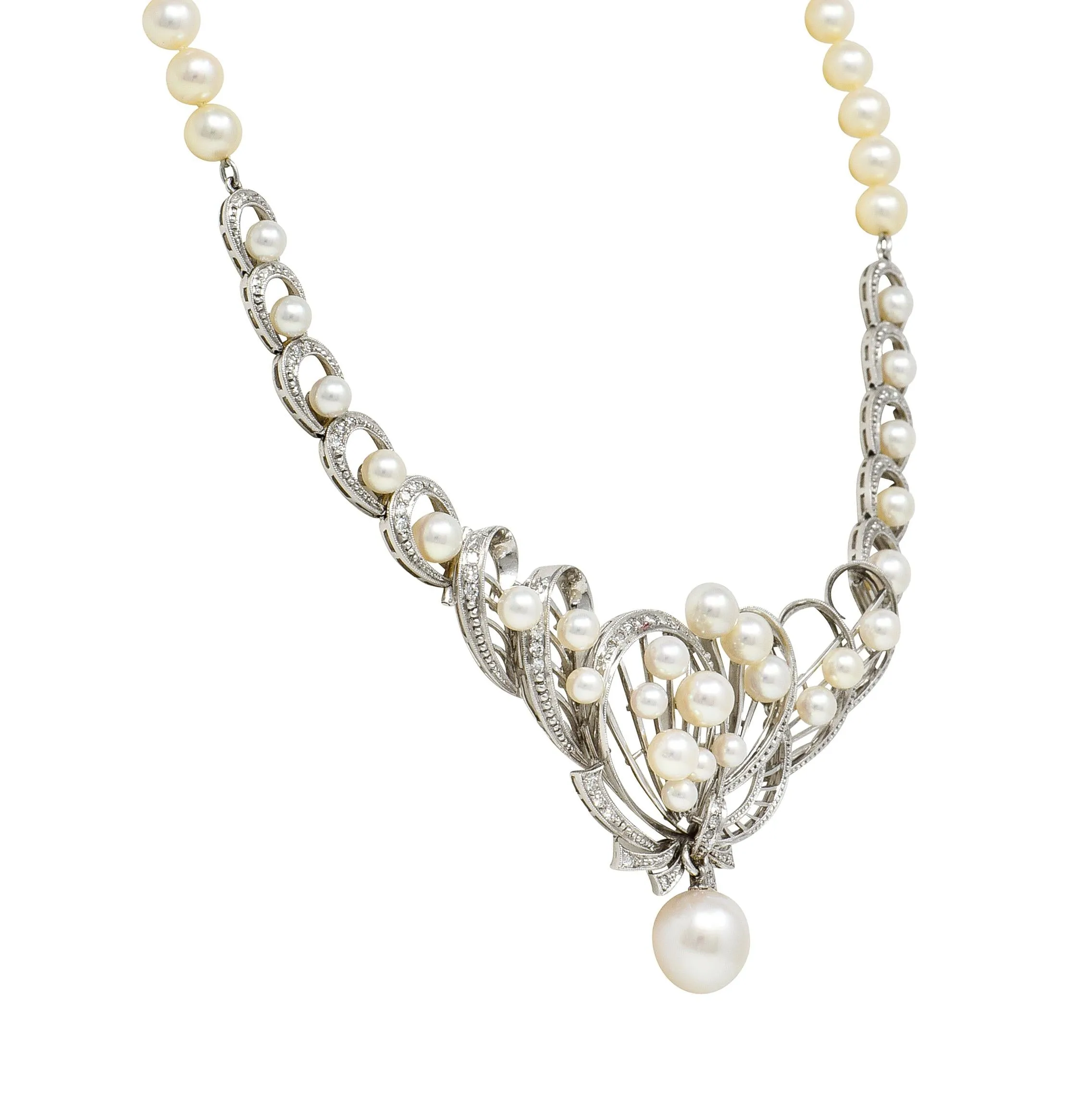 Mikimoto 1950's Diamond Pearl 14 Karat White Gold Fanning Ribbon Vintage Station Necklace