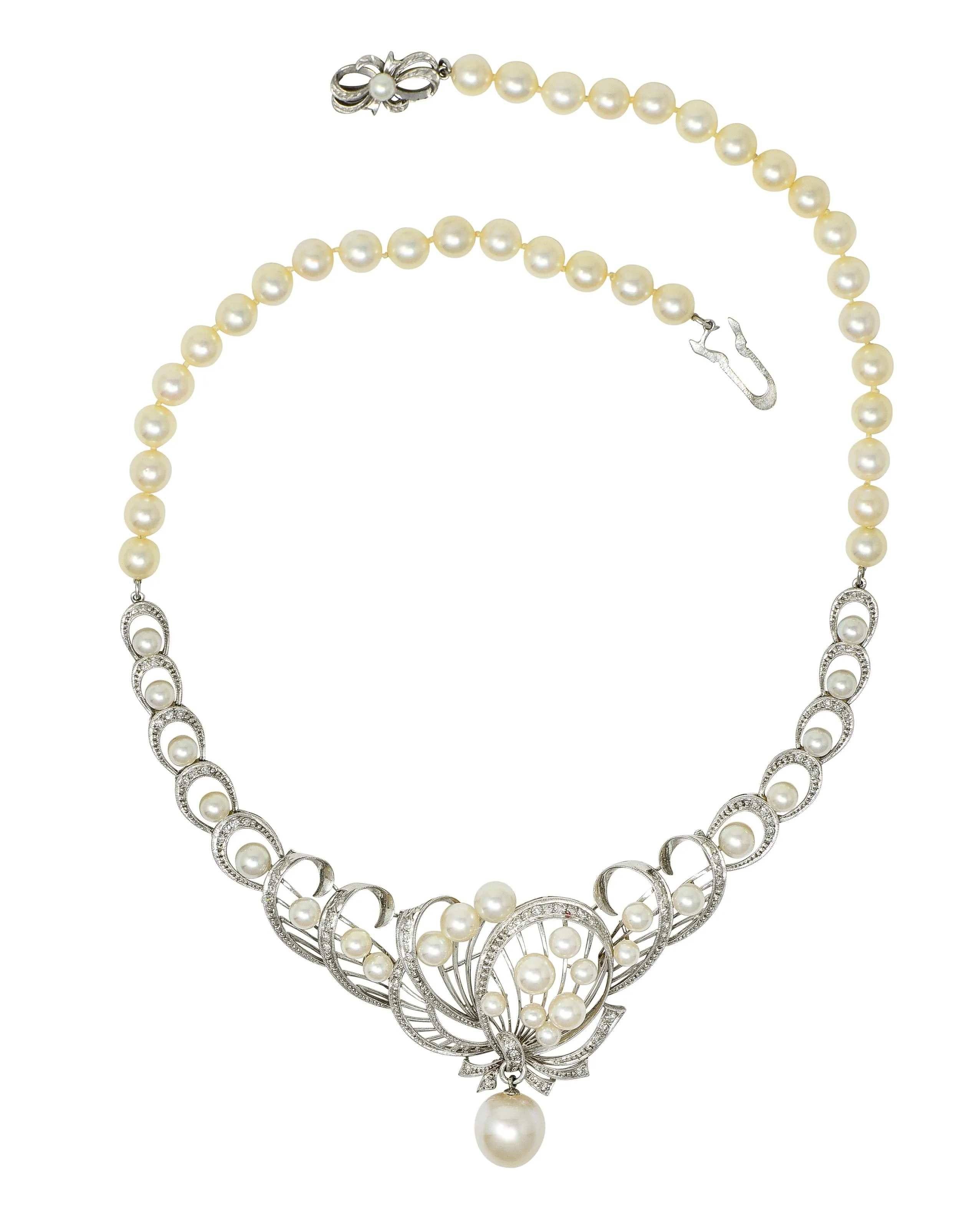Mikimoto 1950's Diamond Pearl 14 Karat White Gold Fanning Ribbon Vintage Station Necklace