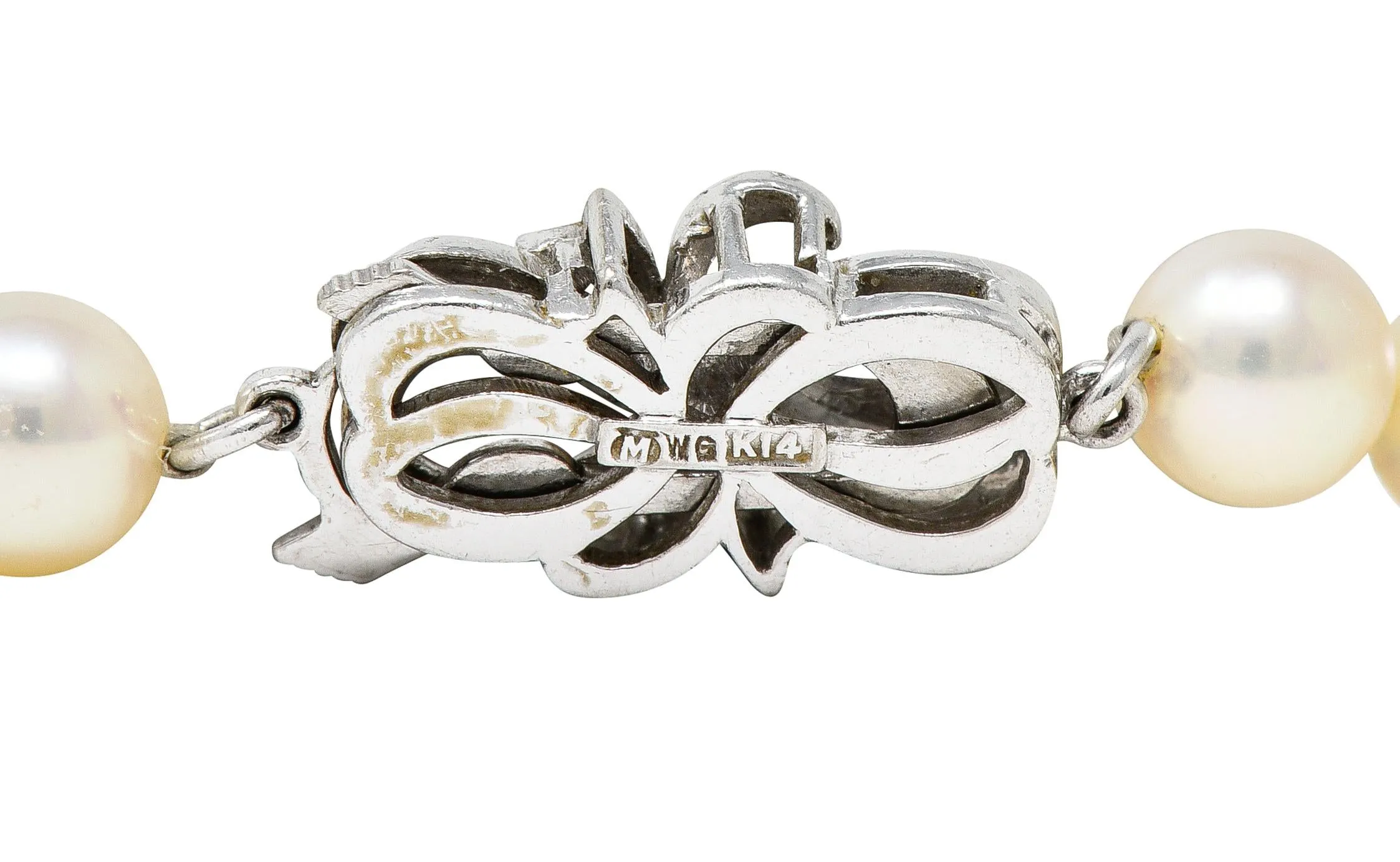 Mikimoto 1950's Diamond Pearl 14 Karat White Gold Fanning Ribbon Vintage Station Necklace