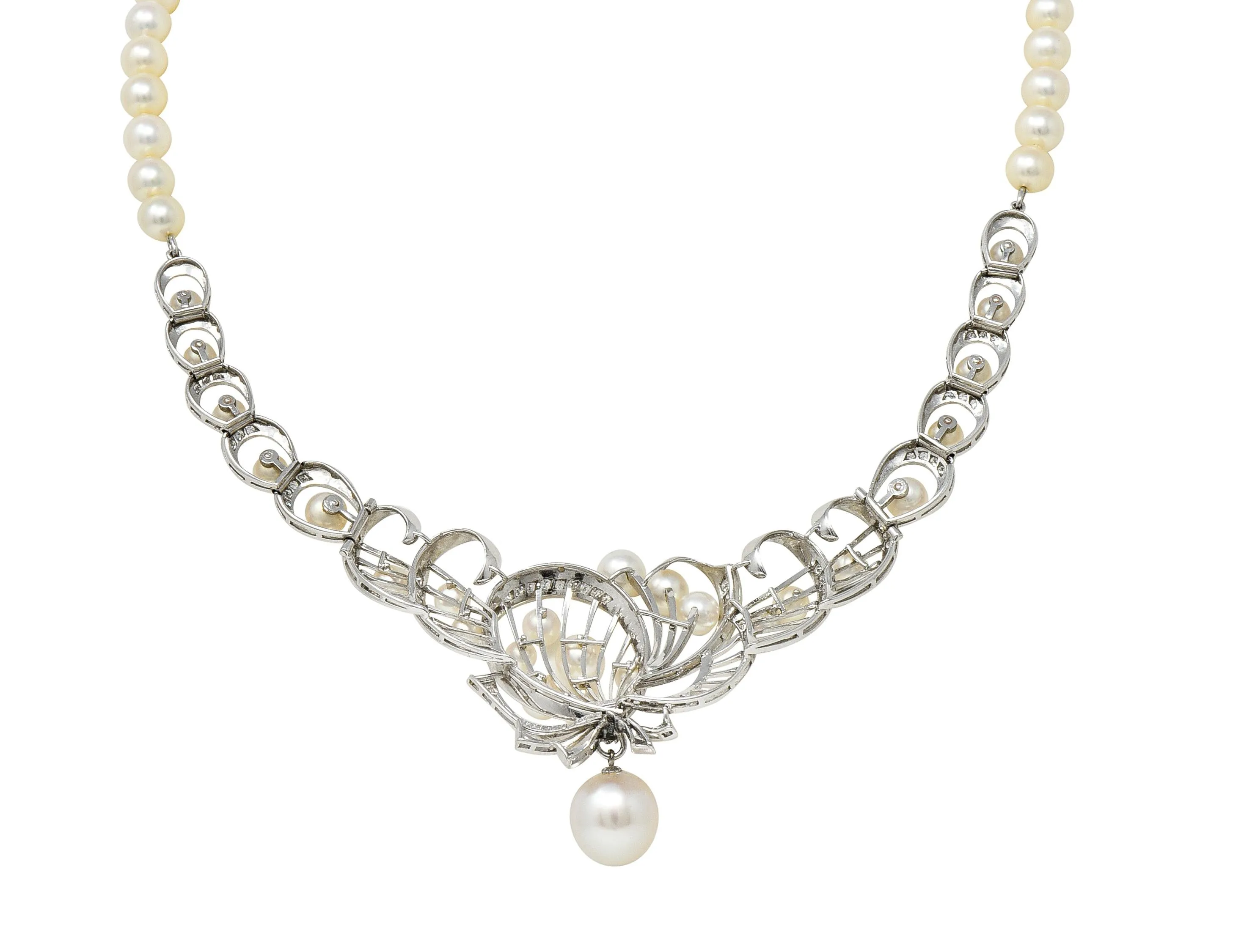 Mikimoto 1950's Diamond Pearl 14 Karat White Gold Fanning Ribbon Vintage Station Necklace