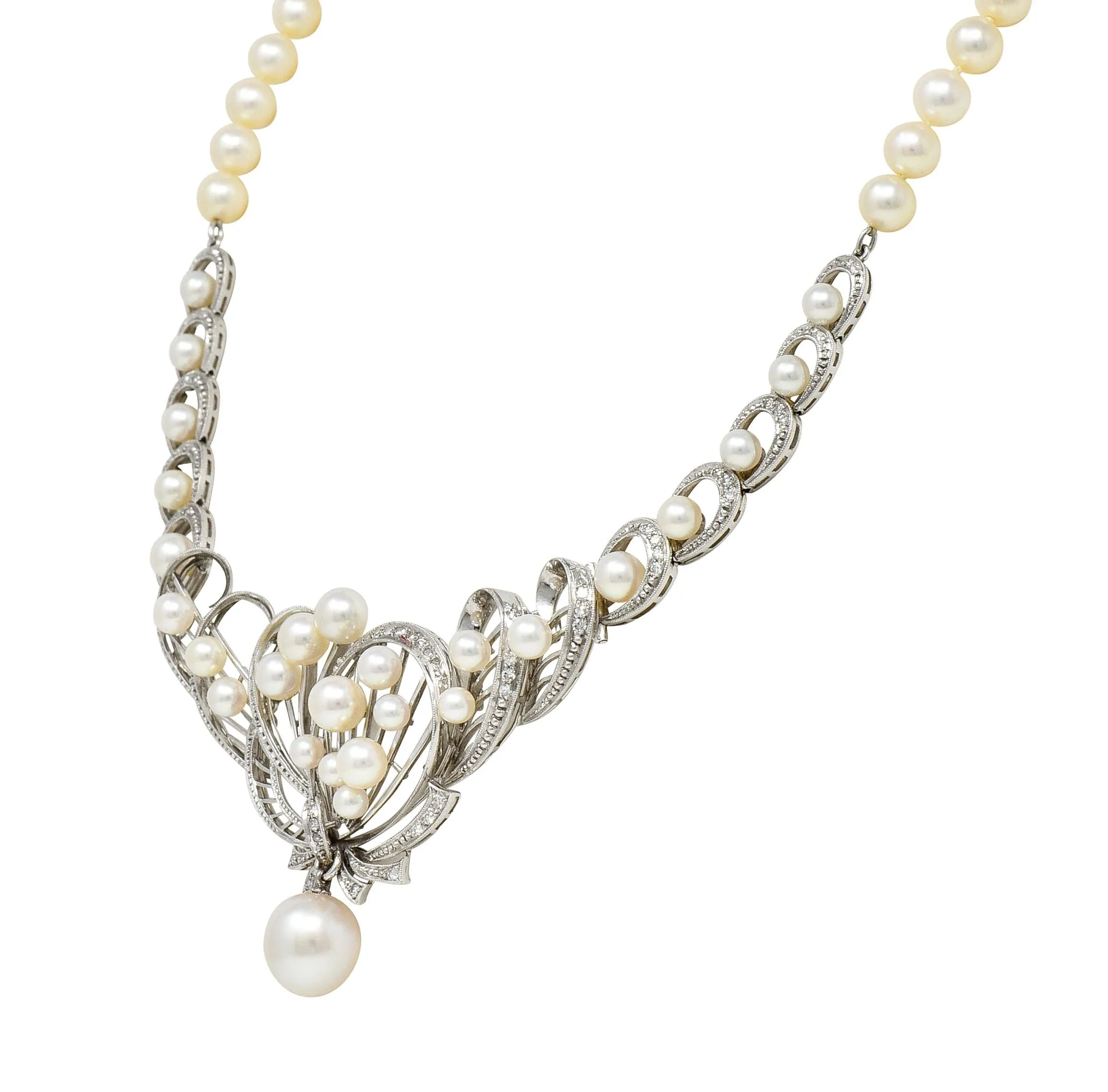 Mikimoto 1950's Diamond Pearl 14 Karat White Gold Fanning Ribbon Vintage Station Necklace