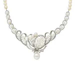 Mikimoto 1950's Diamond Pearl 14 Karat White Gold Fanning Ribbon Vintage Station Necklace