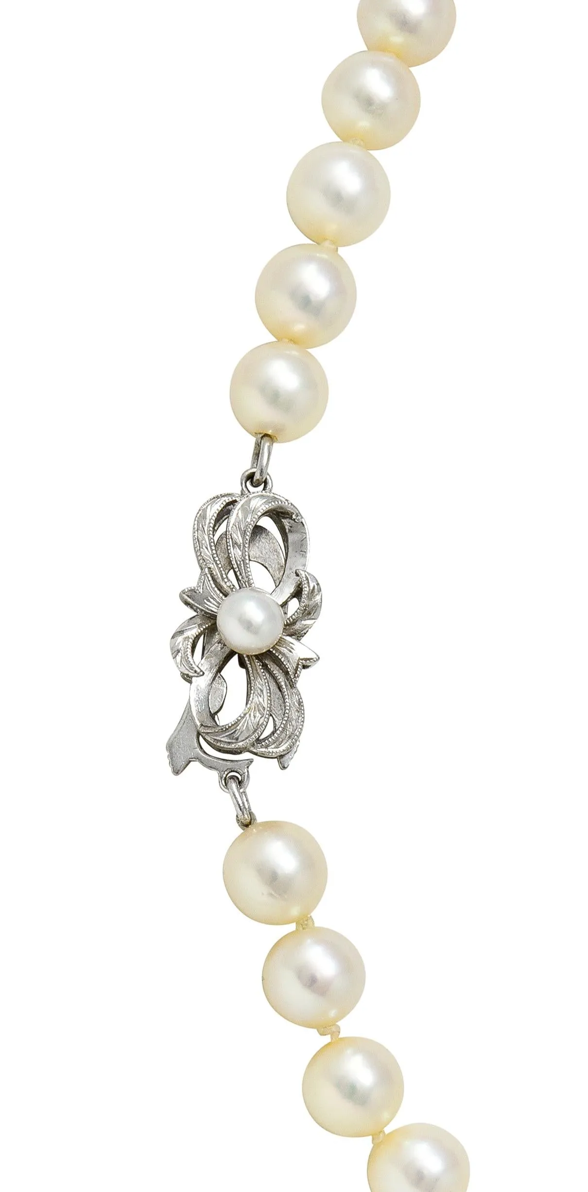 Mikimoto 1950's Diamond Pearl 14 Karat White Gold Fanning Ribbon Vintage Station Necklace