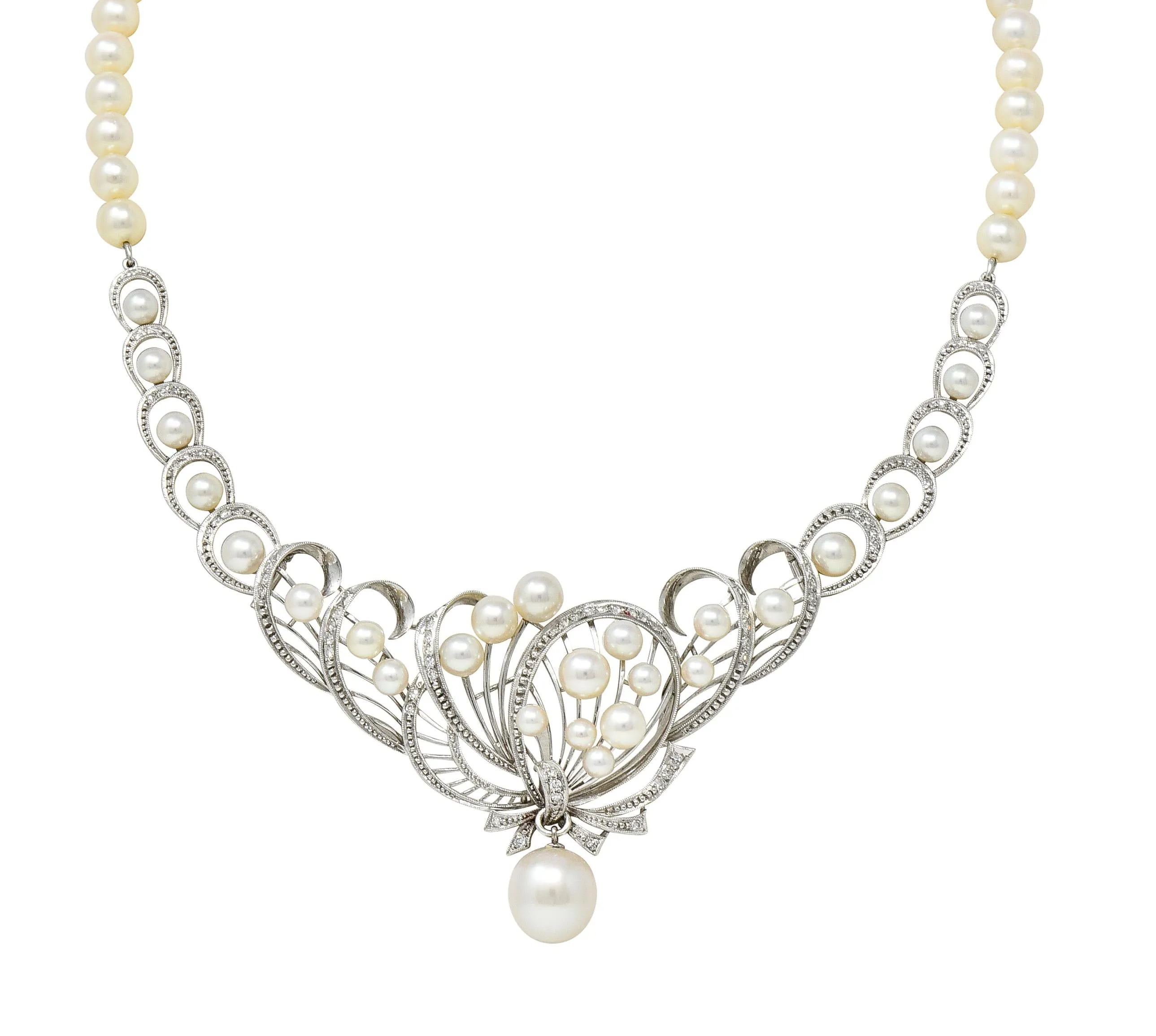 Mikimoto 1950's Diamond Pearl 14 Karat White Gold Fanning Ribbon Vintage Station Necklace