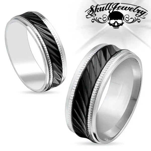Milled Edge Black Center Stainless Steel Ring (c034)