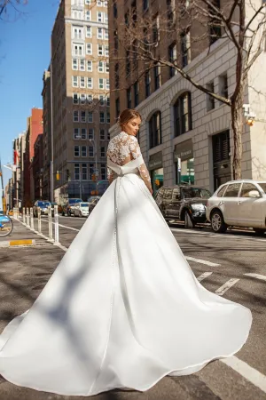 Modern High Neck Satin Wedding Dress Elegant Lace Appliques Button Illusion Back Long Sleeve And Chapel Train