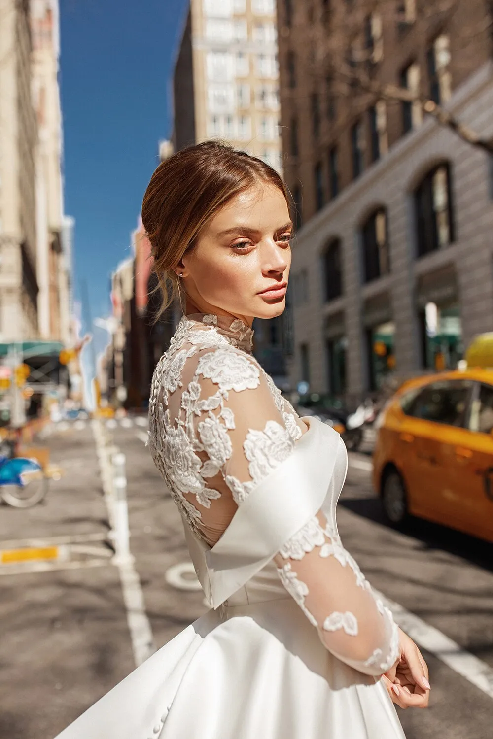 Modern High Neck Satin Wedding Dress Elegant Lace Appliques Button Illusion Back Long Sleeve And Chapel Train