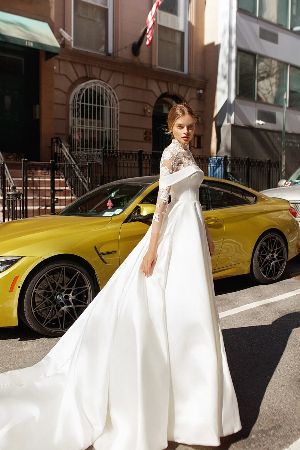 Modern High Neck Satin Wedding Dress Elegant Lace Appliques Button Illusion Back Long Sleeve And Chapel Train