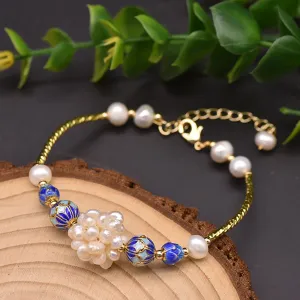 Natural Freshwater Pearl Bracelet Cloisonne Bangle Women Fashion Charm Jewelry