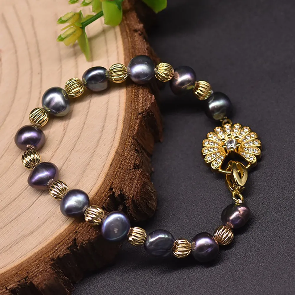 Natural Freshwater Pearl Bracelet Purple 18K Gold Plated Women Fashion Jewelry