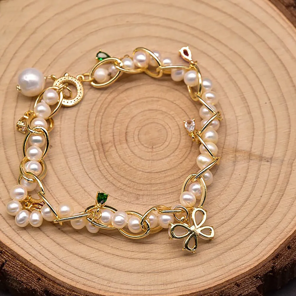 Natural Freshwater Pearl Braided Bracelet Butterfly Women Fashion Jewelry Gift
