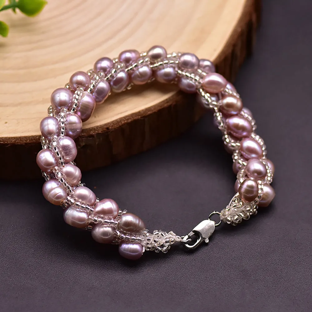 Natural Freshwater Pearl Braided Bracelet Woman Fashion Charm Jewelry 7.7"