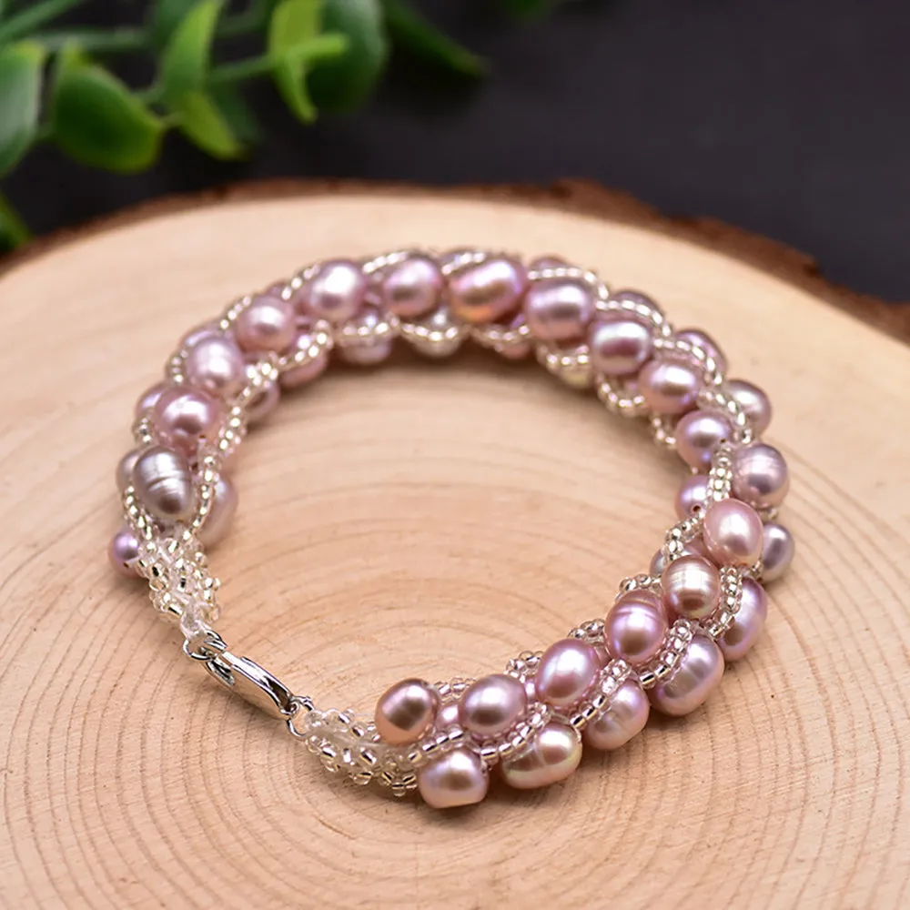 Natural Freshwater Pearl Braided Bracelet Woman Fashion Charm Jewelry 7.7"