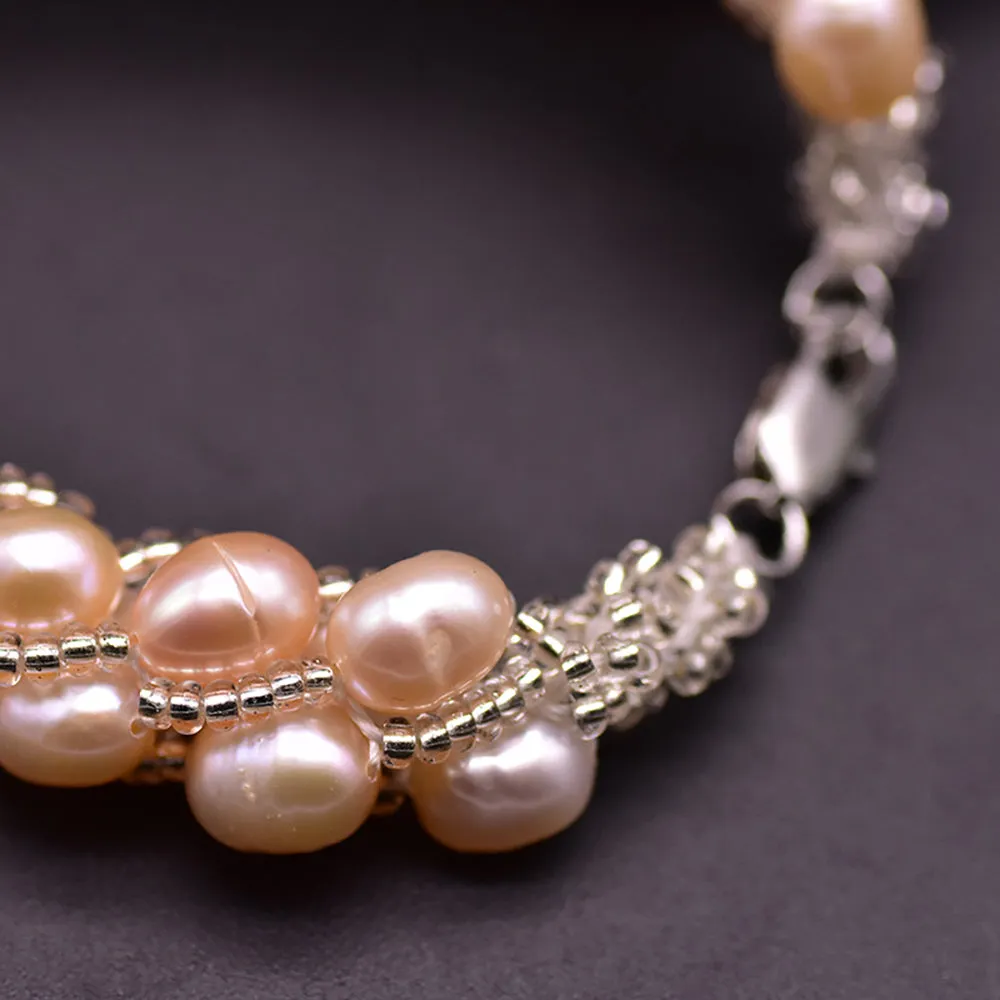 Natural Freshwater Pearl Braided Bracelet Woman Fashion Charm Jewelry 7.7"