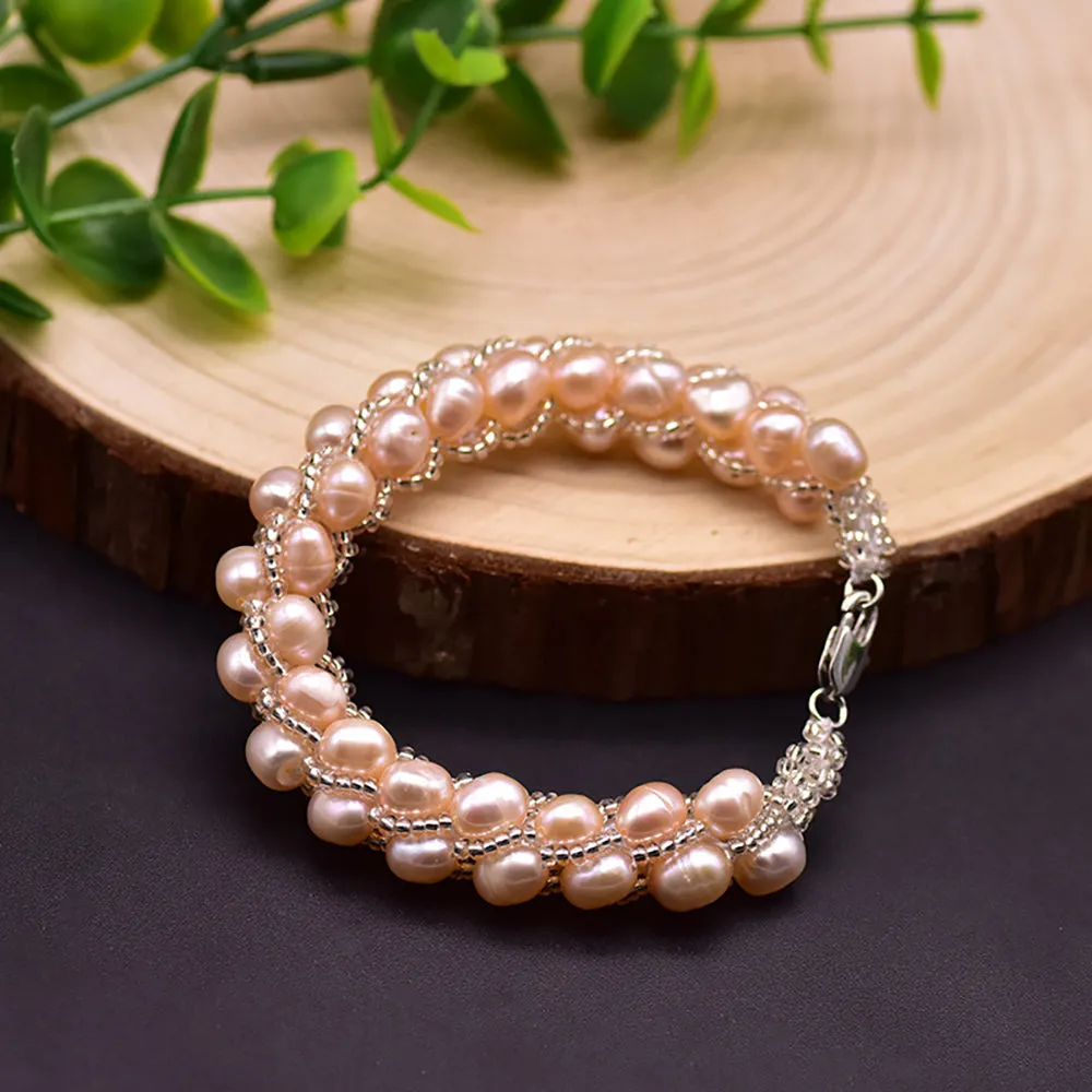 Natural Freshwater Pearl Braided Bracelet Woman Fashion Charm Jewelry 7.7"