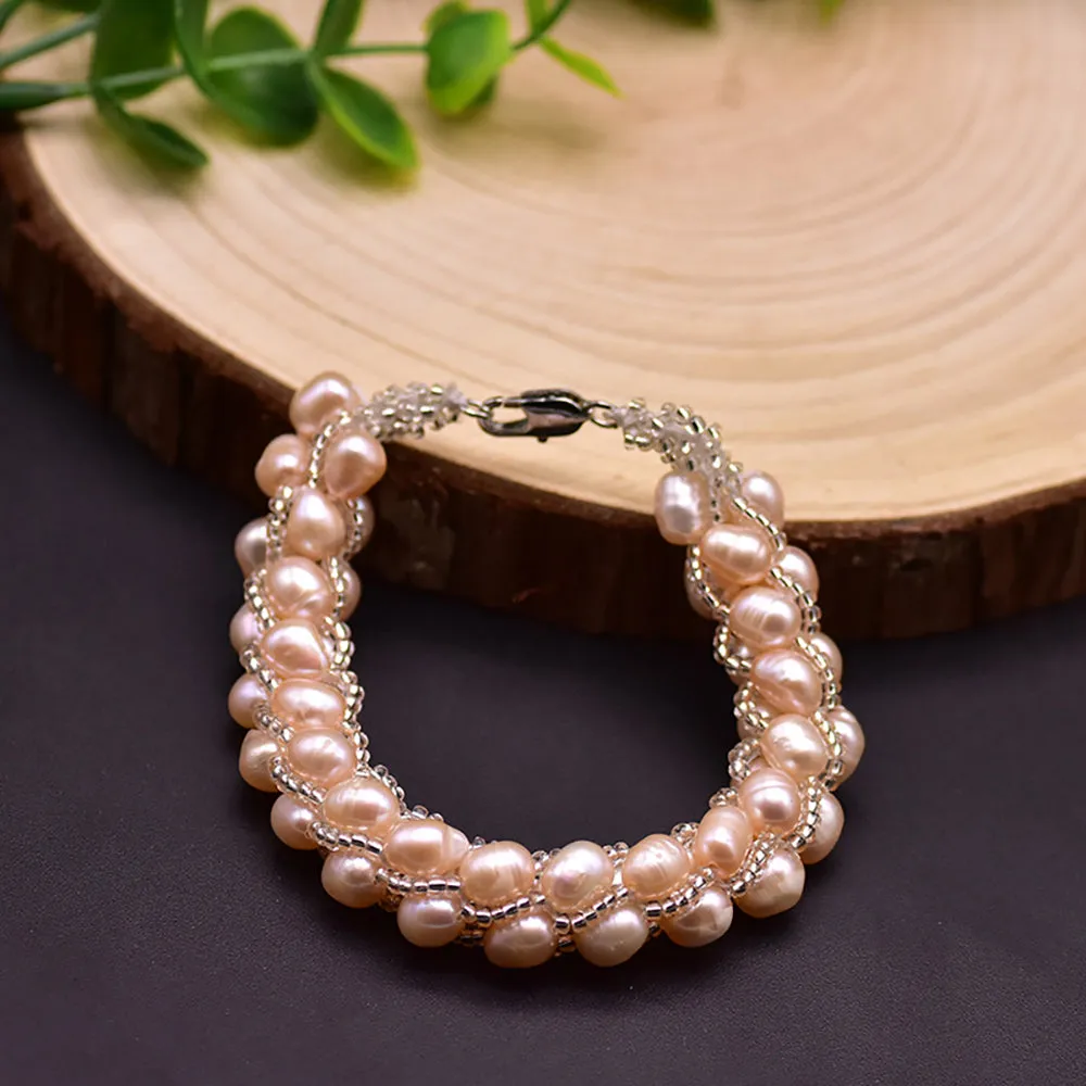 Natural Freshwater Pearl Braided Bracelet Woman Fashion Charm Jewelry 7.7"
