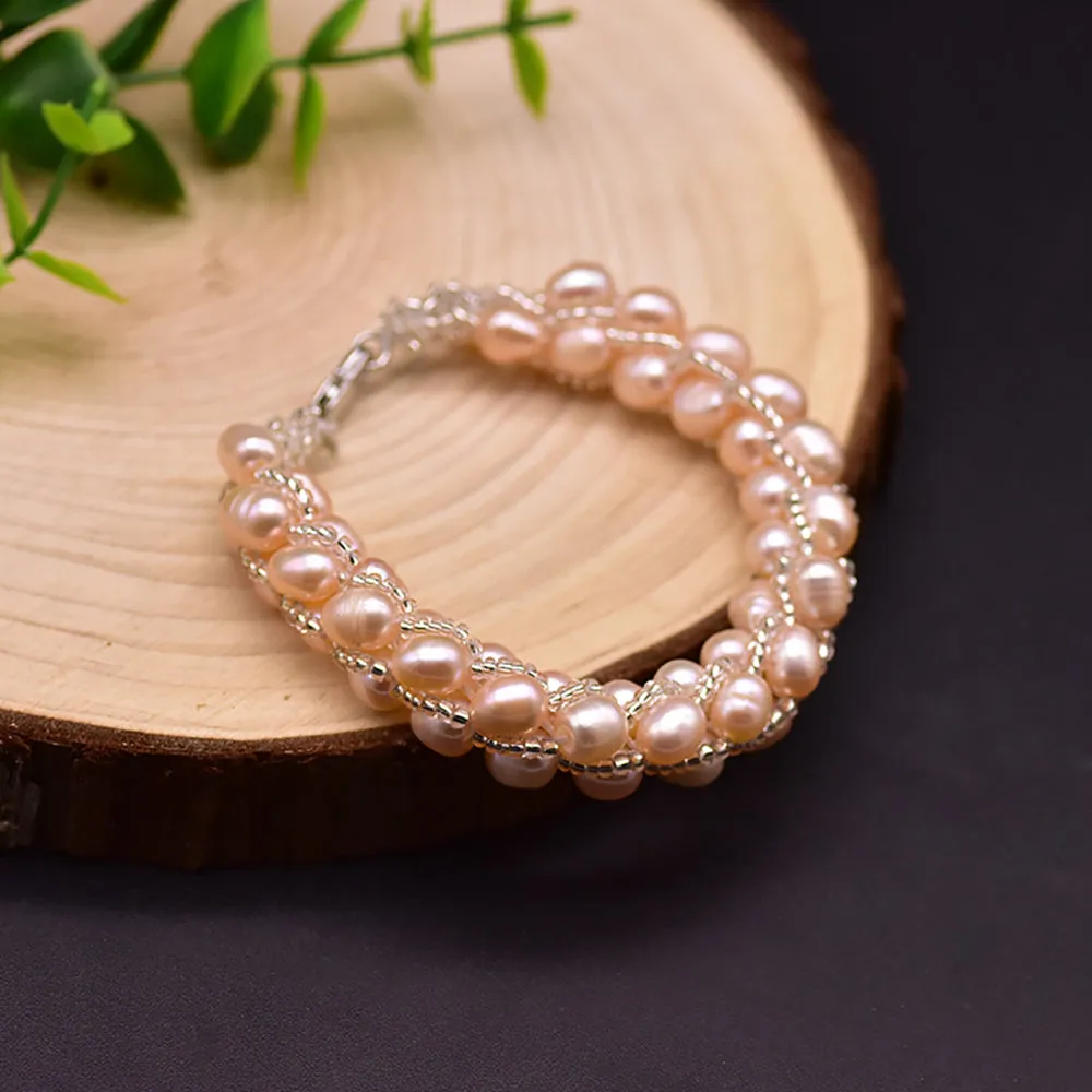 Natural Freshwater Pearl Braided Bracelet Woman Fashion Charm Jewelry 7.7"