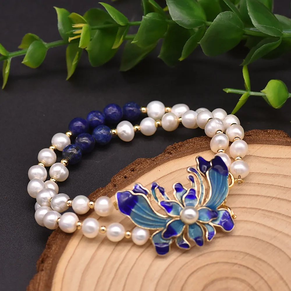 Natural Freshwater Pearl Double Layer Bracelet Cloisonne Women Fashion Jewelry