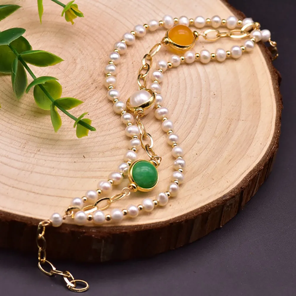 Natural Freshwater Pearl Jade Multilayer Bracelet Women Fashion Jewelry Gift