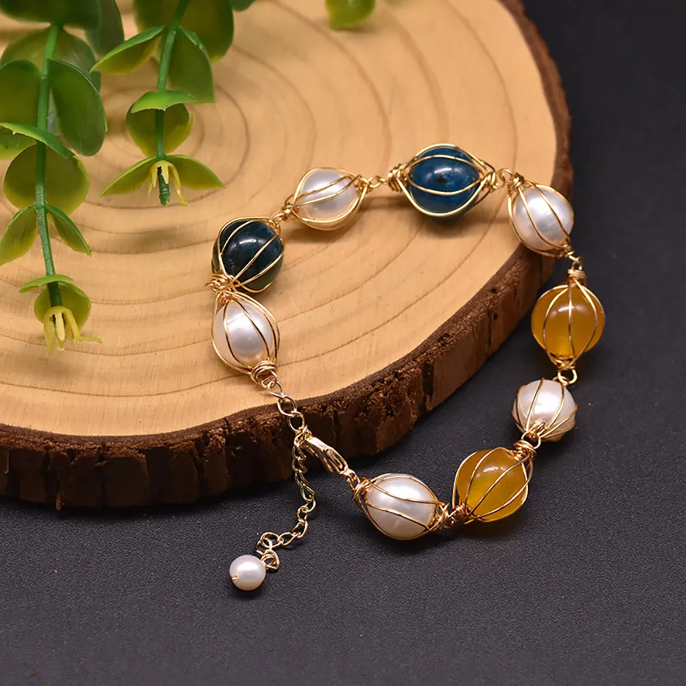 Natural Freshwater Pearl Kyanite Citrine Bracelet Women Fashion Beautiful Jewelry