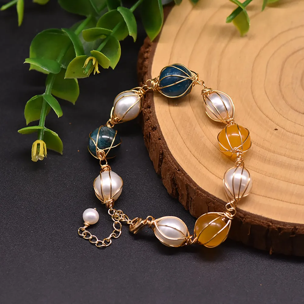 Natural Freshwater Pearl Kyanite Citrine Bracelet Women Fashion Beautiful Jewelry