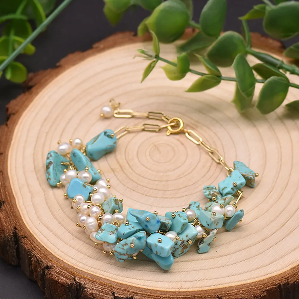 Natural Freshwater Pearl Turquoise Bracelet Women Fashion Statement Jewelry Gift
