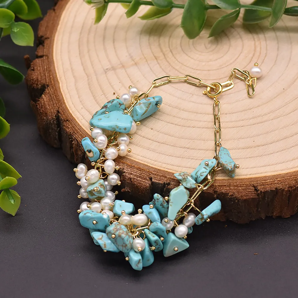 Natural Freshwater Pearl Turquoise Bracelet Women Fashion Statement Jewelry Gift