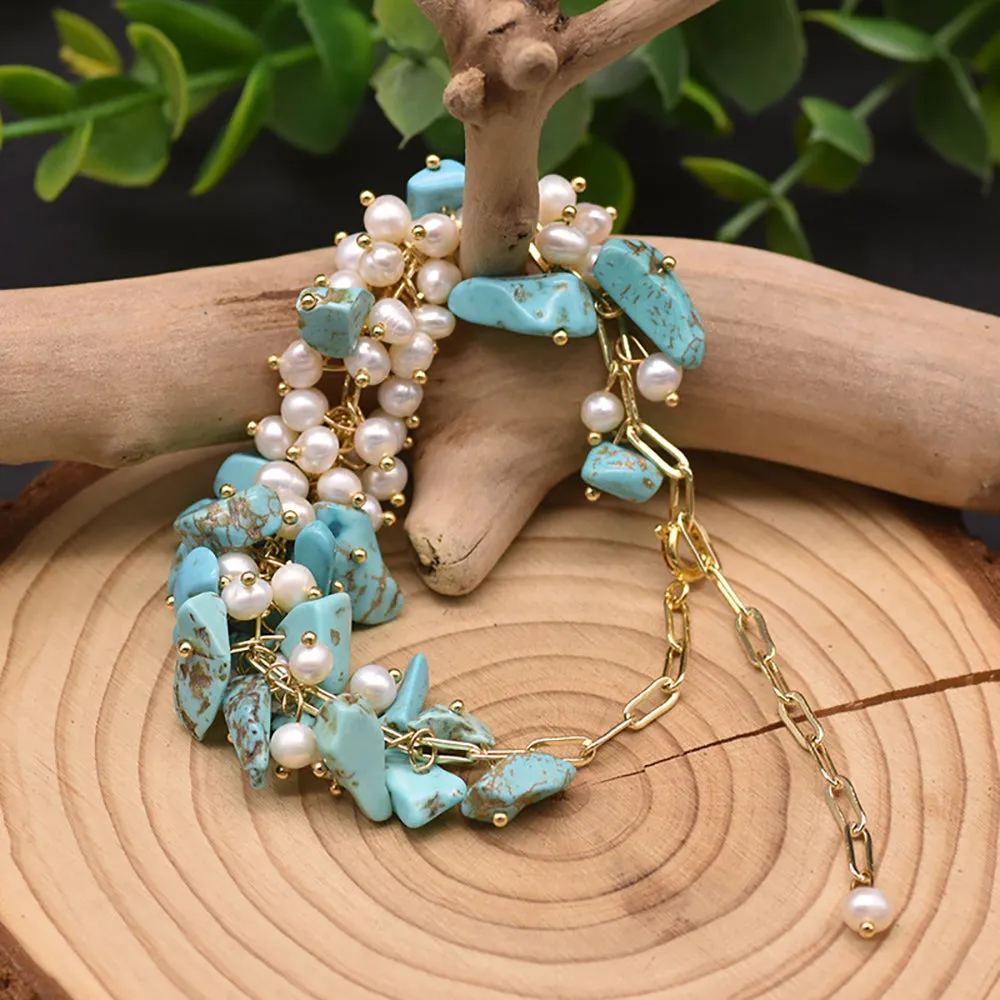 Natural Freshwater Pearl Turquoise Bracelet Women Fashion Statement Jewelry Gift