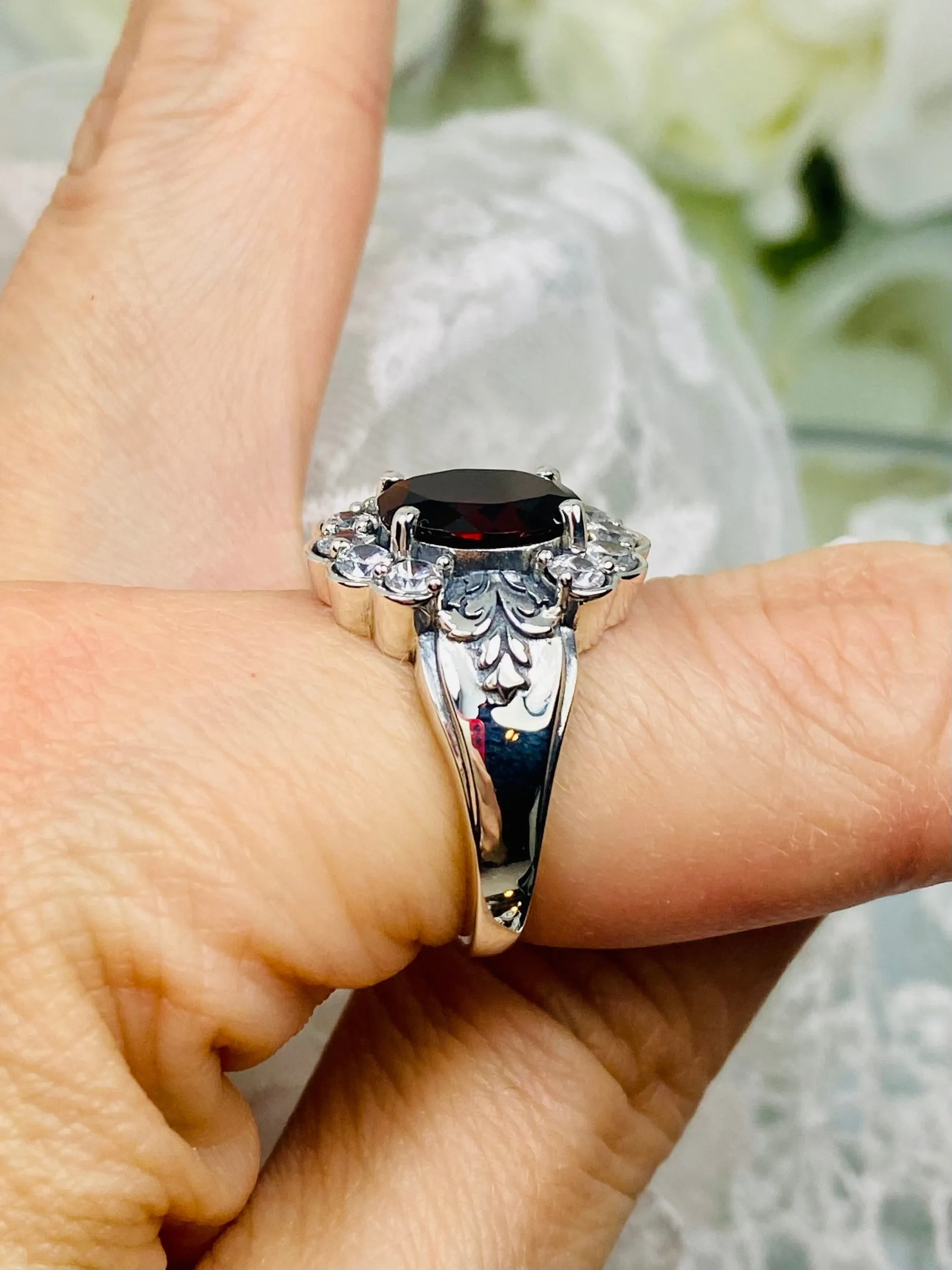 Natural Garnet Ring, Size 7, Oval Gemstone & White CZ Starburst Victorian Filigree, D419 - Ready to ship
