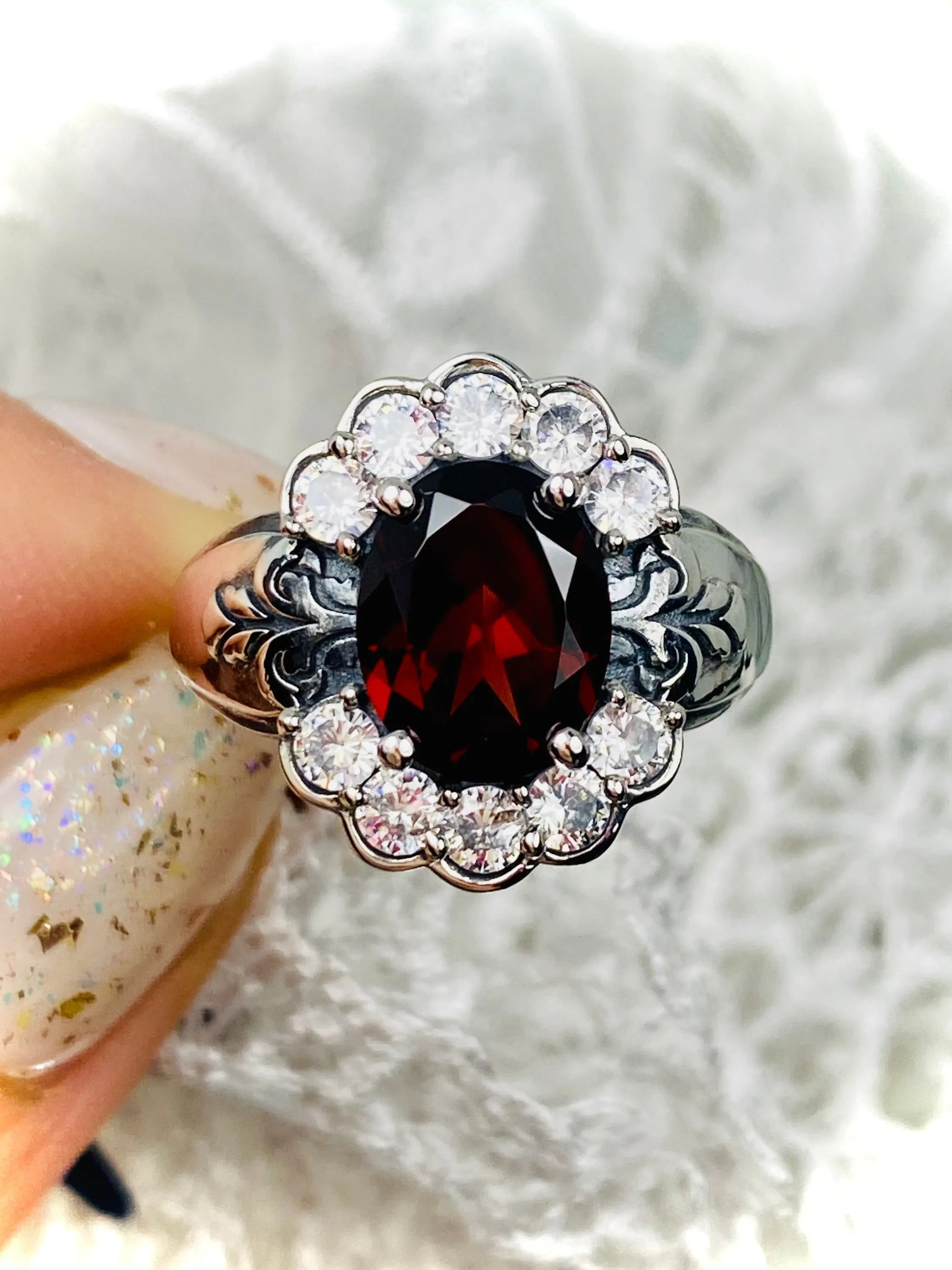Natural Garnet Ring, Size 7, Oval Gemstone & White CZ Starburst Victorian Filigree, D419 - Ready to ship